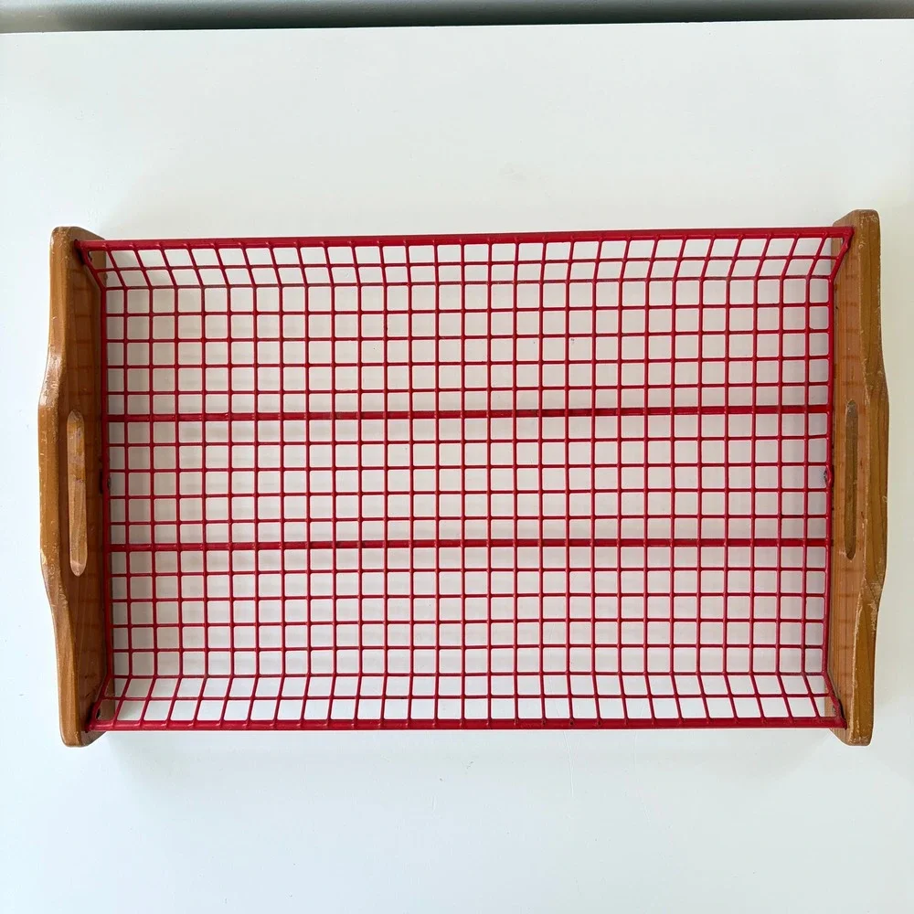 Vintage Red Wire Mesh Serving Tray Wooden Handles MCM Industrial Retro Grid